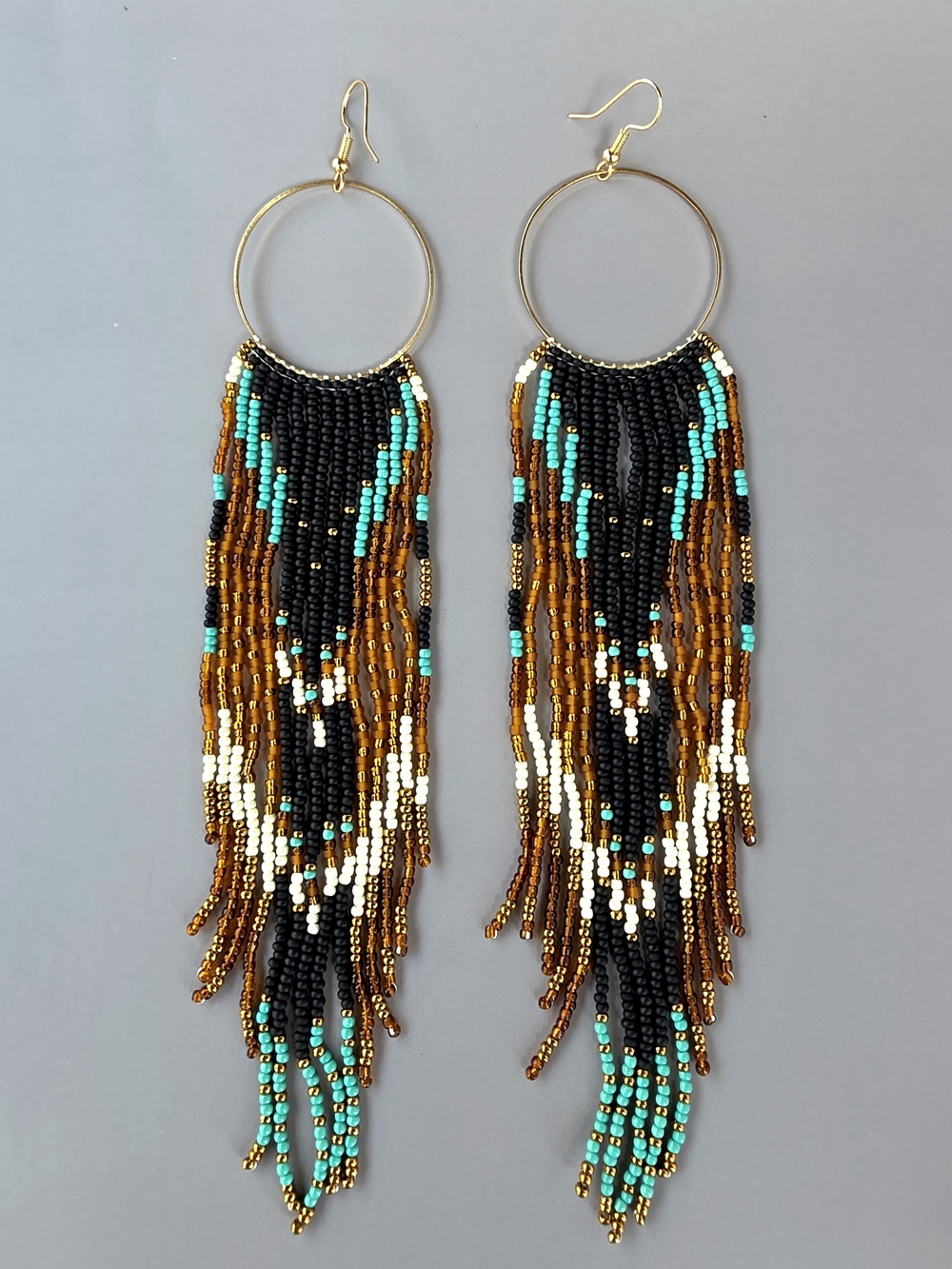 Long Western Geo Boho Fringe Seed Beads Earrings Handmade Beaded Jewelry